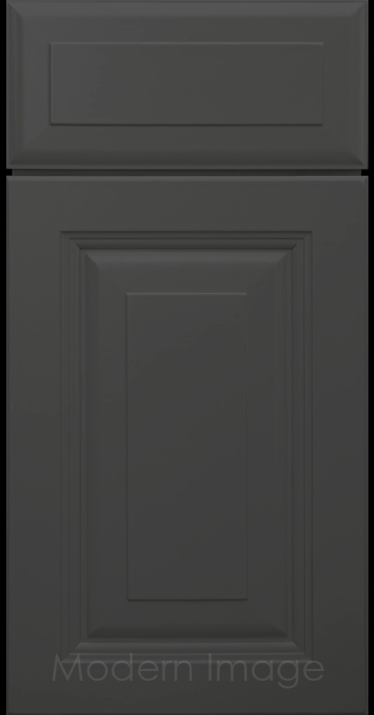 Durango raised panel cabinet door in an Iron Ore color featuring a stepped molded frame.